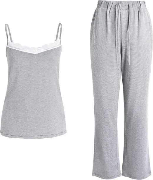 Weißes breites Spitzen-V-Ausschnitt dunkelgraues Stricktop und Strickhosen-Set M
