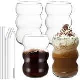 Gerippte Trinkgläser, 4er Set Trinkglas Becher, 550 ML Wave Gläser, Longdrinkgläser mit Glas Strohhalme, Bubble Gläser, Wassergläser für Latte Macchiato Eiskaffee Cocktails Soda Whisky Milk Joghurt