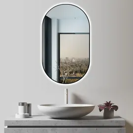 PonteSino HOKO Badspiegel LED 45x75 cm Wandspiegel Oval+Rahmen+LED Wechsel Warmweiß-Kaltweiß-Neutral 2700-6500K+Touch Schalter+Memory-Funktion. Turin - Schwarz