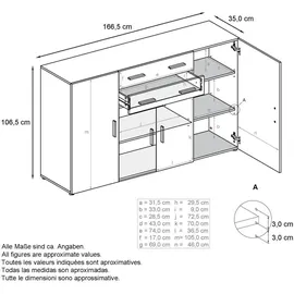 Vladon Highboard 166,5 x 106,5 x 35 cm Weiß matt