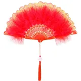 Uposao Damen Fächer Feder,Vintage Stil 20er Jahre Feder Handfächer Faltbar Handheld Marabou Federfächer Damen Gatsby Kostüm Flapper Zubehör für Hochzeit Halloween Karneval, Mottoparty,Rot