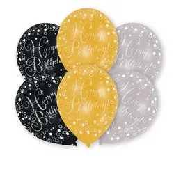 6 Ballons Happy Birthday gold,schwarz, silber