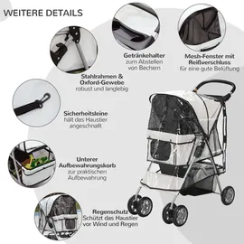 PawHut Hundebuggy Faltbarer Hundewagen bis 10 kg Grau 75x45x97 cm