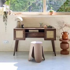 sweeek - Schreibtisch Dekor Holz und Geflecht 2 Türen - Dunkles - Braun