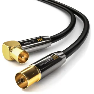 deleyCON 7,5m 4K TV Antennenkabel Koaxialkabel - 4K Ultra-HD Full HD HDTV - 1x IEC-Stecker 90° Gewinkelt zu IEC-Buchse Gerade - TV Radio DVB-T2 Metallstecker - Schwarz