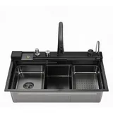 Küchenspüle - Doppelbecken Workstation 80x45x23 cm - Wasserfall Armatur - 304 Edelstahl - Mit Zubehör - Schwarz