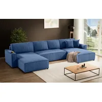 Ecksofa Parys U  Eckcouch mit Schlaffunktion und Bettkasten  U-form Polsterecke aus Cord-Bezug  390 cm Ecke u-förmig, Farbe: Marineblau, Poso 05 - Blau