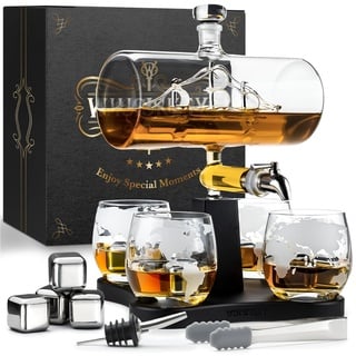 WHISISKEY Whisky Karaffe Set - Whiskey Geschenkset - Geschenke für Männer - Männergeschenke Geschenk - Geburtstagsgeschenk Mann - Schiff Dekanter 1100ML, Geschenkbox, 4 Whisky Gläser, 4 Whisky Steine