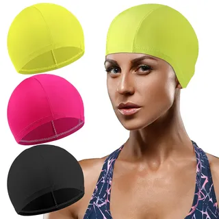 3 Stück Elastische Badekappen Bequemer Stoff Schwimmhaube Unisex Badehaube rutschfeste Schwimmkappen für Frauen Männer Kinder(Schwarz, Rosenrot, Fluoreszierend Gelb)