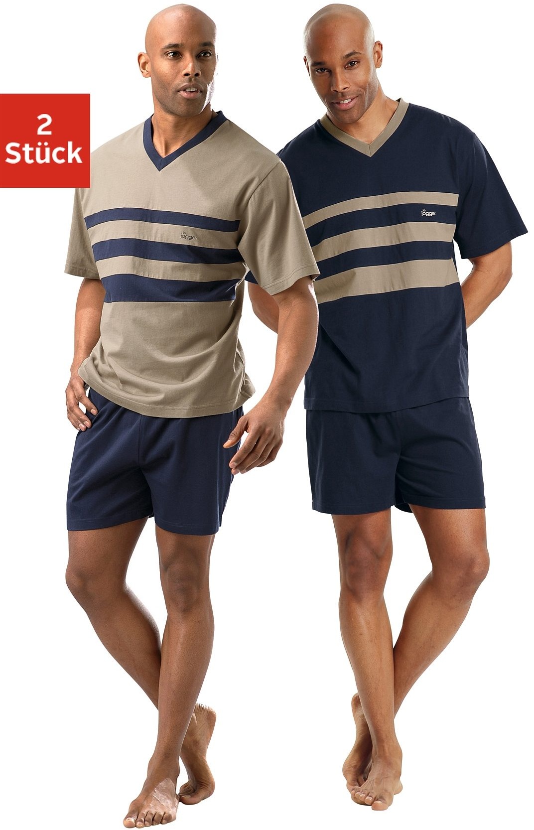 Shorty LE JOGGER Gr. 48/50 (M), bunt (marine, beige) Herren Homewear-Sets Pyjamas mit kontrastfarbigen Einsätzen vorn