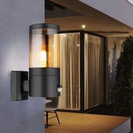 GLOBO Wandlampe Außenleuchte mit Bewegungsmelder Gartenleuchte Fassadenleuchte, Ip44, Edelstahl, schwarz rauch, 1x E27, Hxbxü 24,5x10,2x17cm, 2er Set