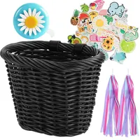 Fahrradkorb für Kinder, 14 Zoll 16 Zoll Kinderfahrradkorb Vorne Geflochten mit Verstellbaren Lederriemen, mit/ohne Fahrradklingel Luftschlangen Aufkleber, Abnehmbar Fahrrad Zubehör für Junge Mädchen