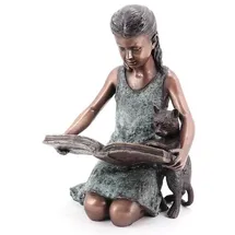 Casa Padrino Luxus Bronze Deko Skulptur Mädchen mit Katze Bronzefarben / Mintgrün 33 x 30 x H. 50 cm - Deko Figur - Wohnzimmer Deko - Schreibtisch Deko - Luxus Kollektion