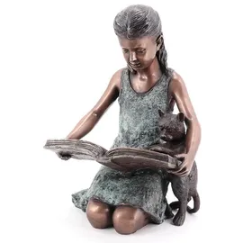 Casa Padrino Luxus Bronze Deko Skulptur Mädchen mit Katze Bronzefarben / Mintgrün 33 x 30 x H. 50 cm - Deko Figur - Wohnzimmer Deko - Schreibtisch Deko - Luxus Kollektion