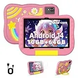 Hasskya Kinder Tablet, 2024 New Android 14 10 Zoll, Tablet für Kinder mit Gehäuse, Lerntablet Kindersicherung, Octa-core 10+64GB, Dual Kamera,Vordere 5MP+ Hintere 8MP (Pink)