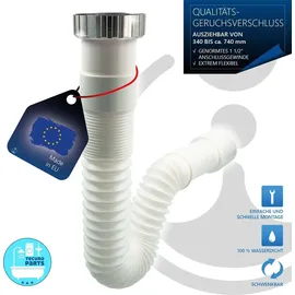 tecuro flexibler Geruchsverschluss 1 1/2 Zoll auf Ø 40/50, ausziehbar 340-740 mm - Weiß