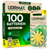 100 Batterien für Hörgeräte Größe 10 Udirmax PR70 Gelb Zink-Luft mit Dynamic Sonar Technologie Öko-Pack - 10 umweltfreundliche Blisterpackungen mit 10 Hörgerätebatterien