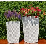 MELTOM Blumenkübel Blumentopf Hochglanz mit Einsatz Hoch Set Hochglanz Gerillt Rattan Oberfläche (Weiß Rattan, L+XL)