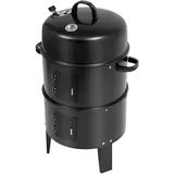 3 in 1 Räucherofen mit Thermometer & Schornstein, Holzkohle Smoker Grill mit 2 Edelstahlgittern, Kompakte Räuchertonne mit Emaille-Wasserschale für Garten & Camping
