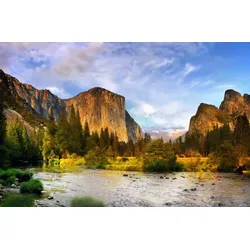 Fototapete PAPERMOON "YOSEMITE TAL-GEBIRGE BLUME BERGE SONNE WALD FLUSS FELSE", bunt, B:4,50m L:2,80m, Vlies, Tapeten