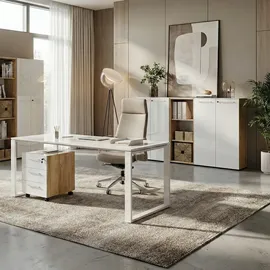 KADIMA DESIGN BÜRO-SET MUENCHEN 5-teilig | Glasfront Abschließbar | Schreibtisch, Container, 2 Schränke, Regal | Chalet-Eiche-Nb./Weiß