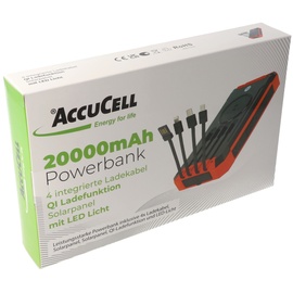 AccuCell 20000mAh Powerbank mit 4 Ladekabel, QI-Ladefunktion, Solar Panel, mit LED Licht