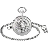 MICGIGI-Unisex Taschenuhr mit Kette Analog Handaufzug Retro Gang Hohlen Mechanische Taschenuhren Silber