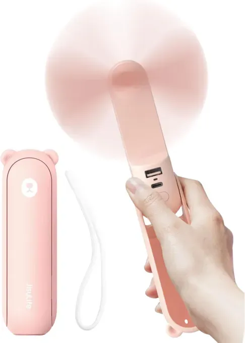 JISULIFE Mini-Handventilator F8X, 4500 mAh Powerbank [max. 37 Std. Laufzeit], tragbar und platzsparend, 3 Geschwindigkeitsstufen, Geschenke für Damen, Herren, Kinder, Pink