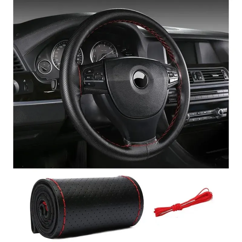 Schwarze Leder-Lenkradabdeckung, 38 cm, mit roter Naht. Universell für runde und D-förmige Lenkräder.
