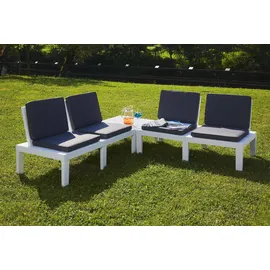 Dmora Outdoor-Lounge-Set Vigevano, Gartengarnitur mit 4 Sitzplätzen mit Rückenlehne und 1 Multifunktionsmodul, Sitzecke mit Kissen, 100 % Italy, Weiß - Weiß