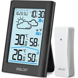 BALDR Wetterstation Funk mit Außensensor, Digital DCF-Funkuhr Thermometer Innen/Außen Temperaturanzeige Funk,Raumthermometer,Hygrometer, Wettervorhersage, Uhrzeitanzeige, Wecker,3.7 Zoll Display