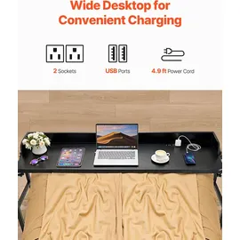 Vevor Überbetttisch mobiler Betttisch mit 4 Rollen und Steckdose, höhenverstellbarer Laptop-Rolltisch, Tragbarer Spanplatten-Überbetttisch - Schwarz