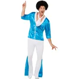 Smiffys Super-glamouröses 70er-Jahre-Kostüm, Blau, Hemd, Hose & Krawatte