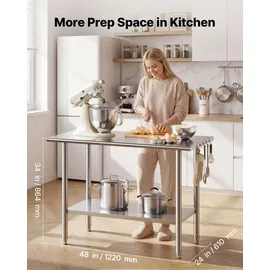 Vevor Edelstahltisch Gastro 1220 x 610 x 864 mm, Verstellbarer Edelstahltisch Küchentisch, Arbeitstisch Gewerblich mit Grundboden für Restaurant Schwerlast Obere Ablage (245 kg) Untere Ablage (204 kg)