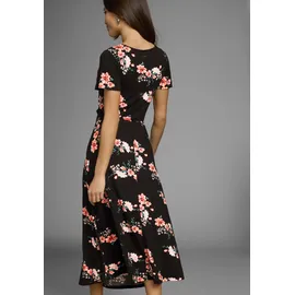 LAURA SCOTT Sommerkleid LAURA SCOTT, Damen, Gr. 36, N-Gr, schwarz, orange, geblümt, Jersey, Obermaterial: 95% Viskose, 5% Elasthan, geblümt, figurumspielend wadenlang, V-Ausschnitt, Kleider Sommerkleid, mit romantischem Blumendruck und Raffung, Midikleid, Topseller