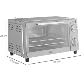 Homcom Minibackofen 9L Mini Ofen mit Backblech, Grillrost, 100 °C-230 °C, mit einstellbar Temperatur und Garzeit, 60 Min. Timer, 750W, Edelstahl,