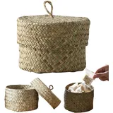 Kleine Seegras -Aufbewahrungskörbe mit Deckel Strohrohrbox mit Griff Wicker Basket Home Organization Wicker Basket mit Deckel Wicker Storage Körbe mit Deckel für Snack, Keys Desktop Decor