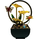 Tischbrunnen LED, Zimmerbrunnen Wasserfall mit Lichtring, Zimmerspringbrunnen Klein mit Lotusblumen und Schmetterlingen, Wasserfall Brunnen Deko für Büro, Wohnzimmer & Schlafzimmer
