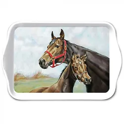 Tablett 13x21cm Melamin mit Pferde Motiv - kleines Serviertablett Frühstückstablett Tischdeko Bauernhof Reiten Dekotablett ländlich Braun Hellblau