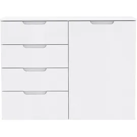 Forte Kommode mit 1 Tür und 4 Schubladen, Holzwerkstoff, Weiß/ Weiß Hochglanz, 109.9 x 34.1 x 84.9 cm