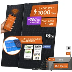 Solarway® All In One Balkonkraftwerk mit Speicher 1000W komplett Steckdose - 1,6 kWh Anker Solix 2 PRO Speicher - Solaranlage Komplettset - 500W bifaziale Solarmodule & Anker Speicher & Zubehör