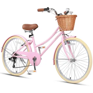 Glerc 24" Mädchen Cruiser Bike 6-Gang Cruiser Frauen Hybird Fahrrad für Alter 7 8 9 10 11 Jahre alt mit Weidenkorb. Leichter Rahmen und Gabel, Rosa