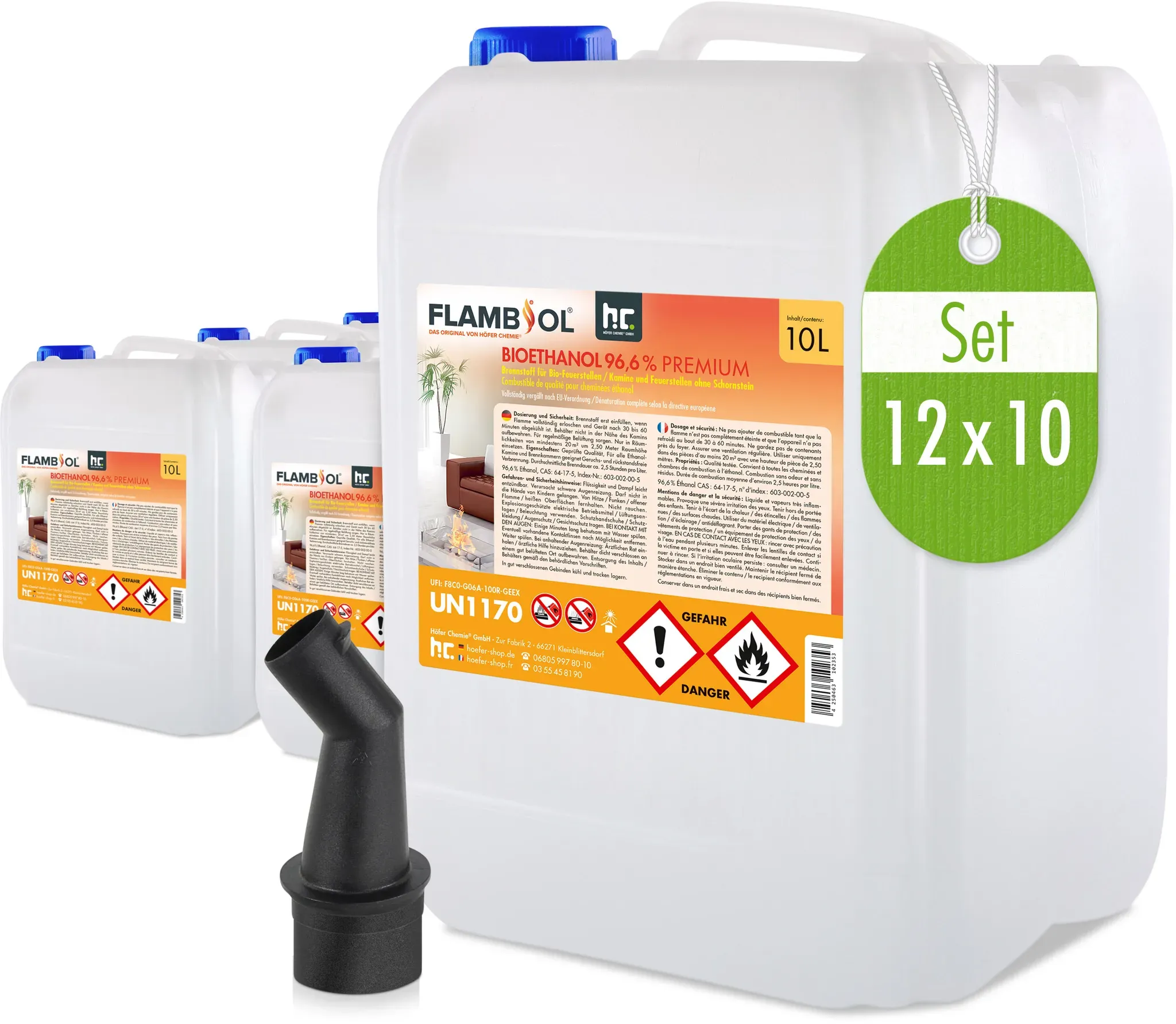 12 x 10 L FLAMBIOL® Bioéthanol 96,6% Premium pour cheminée à éthanol en bidons
