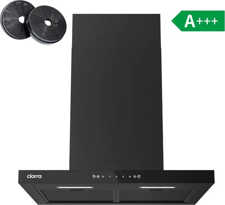 Ciarra 60 cm Ultra-Slim 40 mm Panel Dunstabzugshaube aus schwarzem Glas, Wandmontage, Wellen- & Touch-Steuerung, 650 m3/h, A+++ Energieeffizienz, Abluft- & Umluftbetrieb CRGCB6102-SLIM