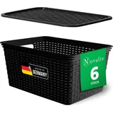 Novaliv 6er Set Aufbewahrungsboxen mit Deckel Groß 14L Korb Schwarz in Rattan Design Lebensmittelecht Aufbewahrungskorb Stapelboxen Nestbar Kunsts...