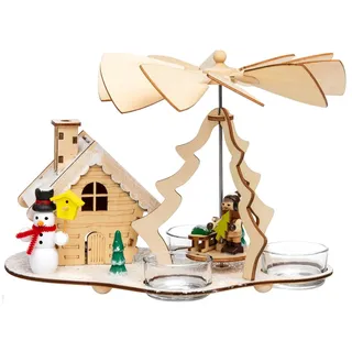 SIKORA P30-3 2-in-1 Holz Teelicht Weihnachtspyramide mit funktionsfähigem Räucherhaus Motiv Schneemann