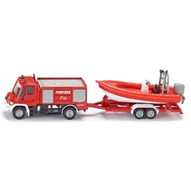 Siku 1636001, Unimog mit Boot, Frankreich, Metall/Kunststoff, Rot, Französische Aufschrift Pompiers, Schwimmfähiges Boot