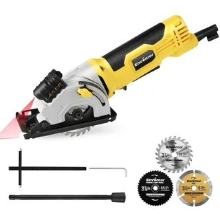 Enventor Mini Kreissäge 580W, Mini Handkreissäge mit Skalenlineal & Laserführung, 4000RPM, Einhändiges Halten, 3 Sägeblätter, für Holz, Fliesen, Kunststoff und dünne Metalle