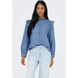 Only Jeansbluse "ONLPIPER L/S EMB FRILL DNM SHIRT QYT", Damen, Gr. S, blau (medium blau denim), Web, Obermaterial: 65% Baumwolle, 35% Lyocell, unifarben, regular fit normal, Blusen Jeansbluse, mit Rüschen