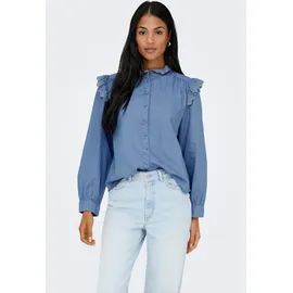 Only Jeansbluse "ONLPIPER L/S EMB FRILL DNM SHIRT QYT", Damen, Gr. S, blau (medium blau denim), Web, Obermaterial: 65% Baumwolle, 35% Lyocell, unifarben, regular fit normal, Blusen Jeansbluse, mit Rüschen